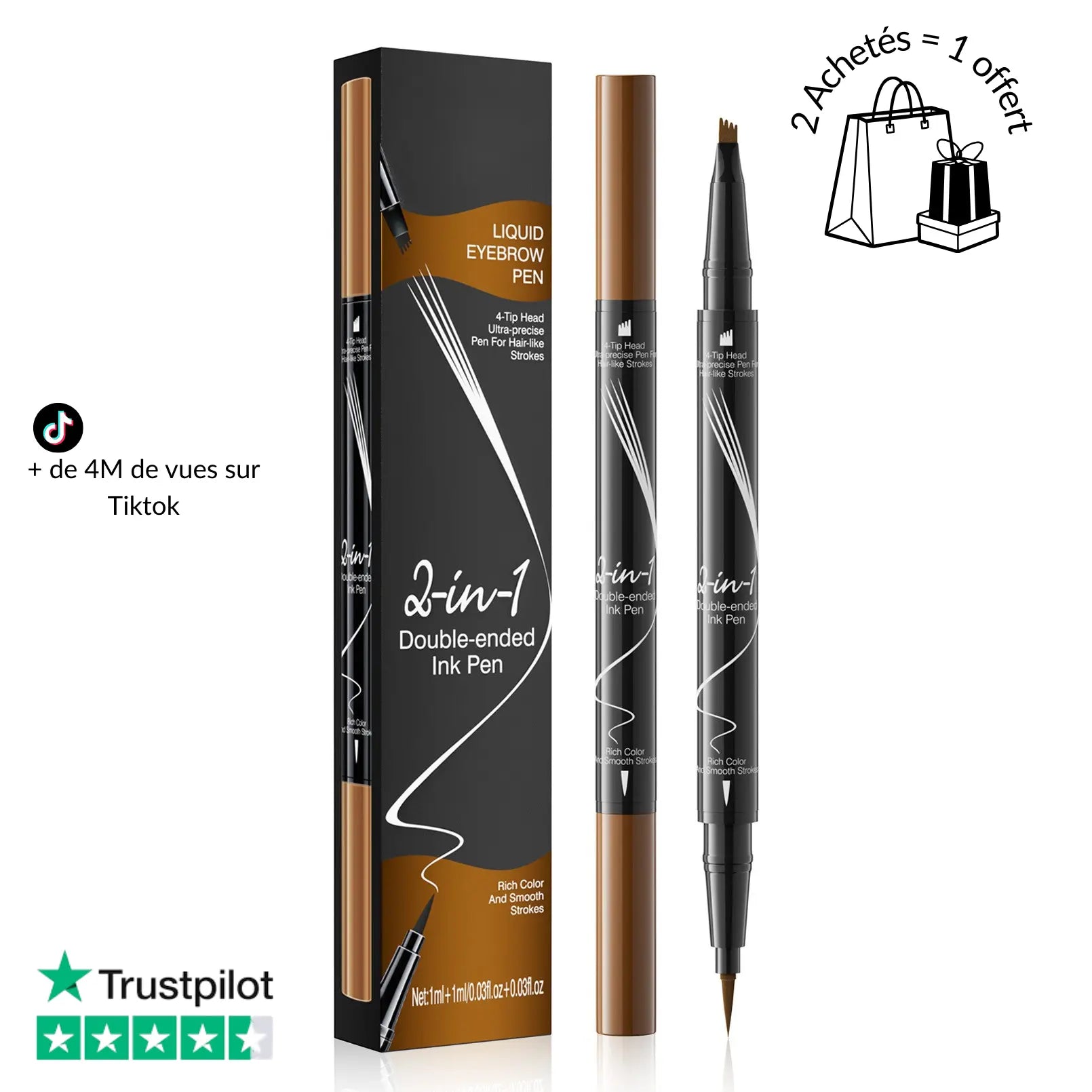 HelloBloomy | Crayon-feutre à sourcils 2 en 1 - 4 pointes ultraprécise et pointe pour traits fins HelloBloomy Shop